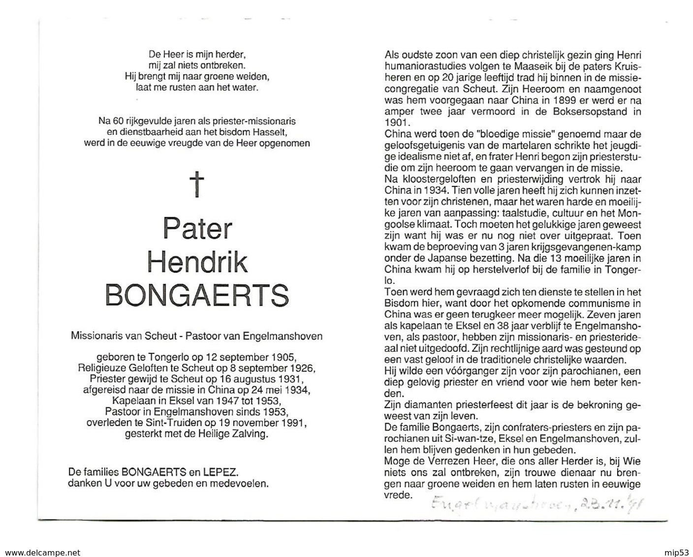 P 513. Pater H. BONGAERTS - °TONGERLO 1905 /SCHEUT/CHINA/EKSEL/ENGELMANSHOVEN -+ST-TRUIDEN 1991 - Images Religieuses