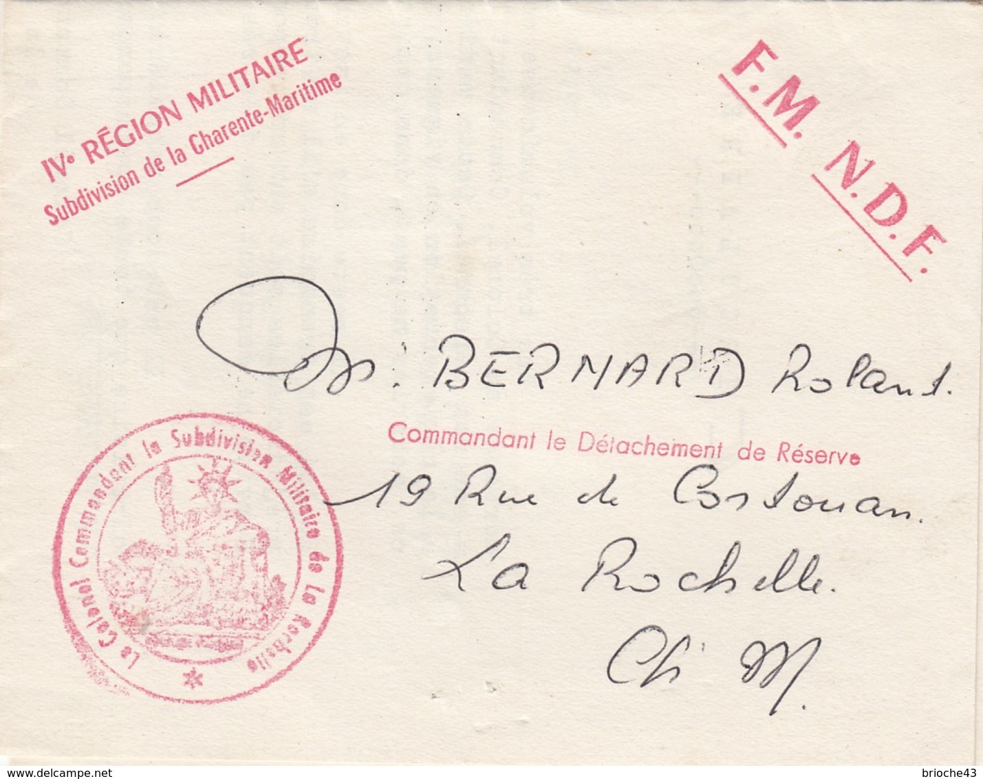 LETTRE F.M.  IVe REGION MILITAIRE SUBDIVISION CHARENTE-MARITIME LETTRE CIRCULAIRE LA ROCHELLE 4.6.1963 / 1 - Militares