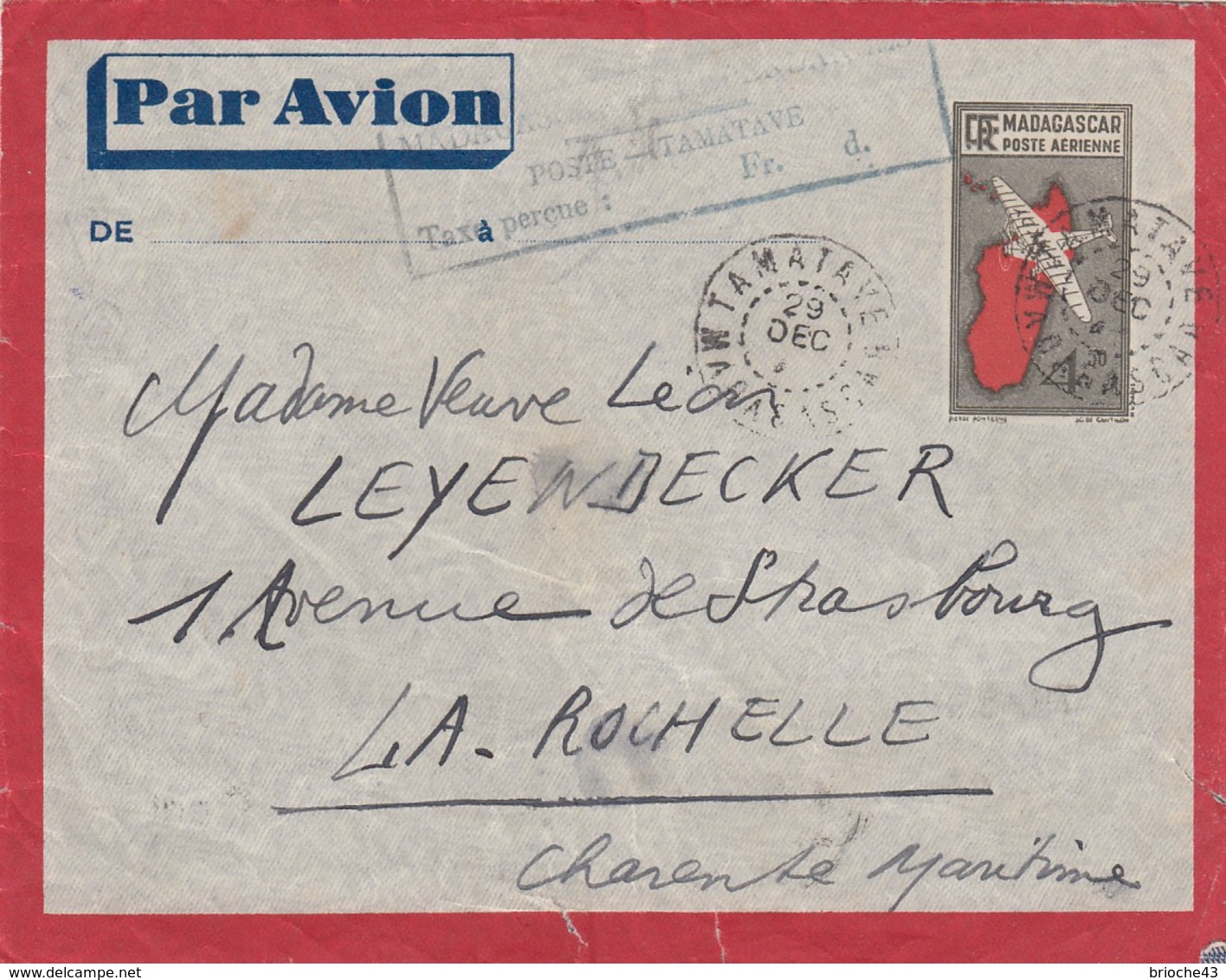 MADAGASCAR - LETTRE ENTIER 4.50 TAXE PERCUE  TAMATAVE 29.DEC 45 POUR LA ROCHELLE CHARENTE MARITIME / 1 - Lettres & Documents