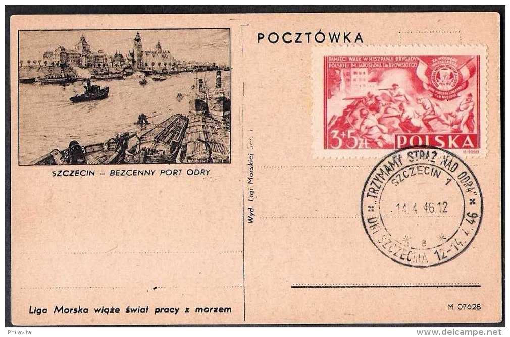 1946 Poland - Postcard Szczecin With MI 434 Polish Legion In Spanish Civil War - Cancelation Straz Nad Odra (xdr) - Briefe U. Dokumente