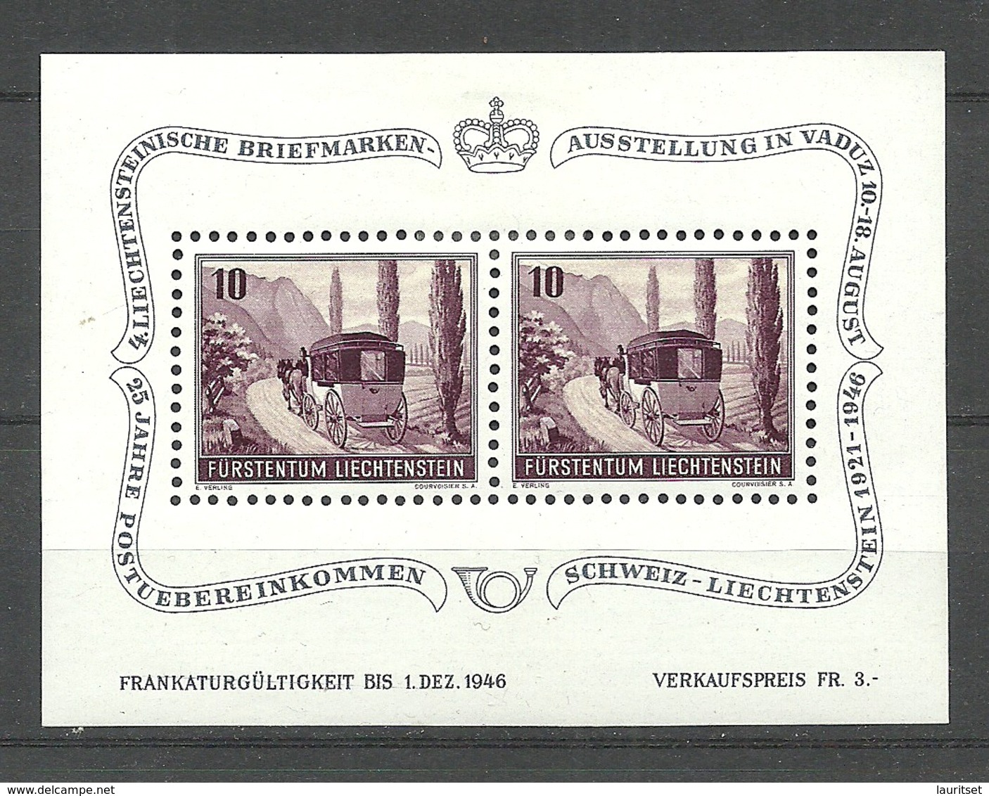 LIECHTENSTEIN 1946 Briefmarkenausstellung Vaduz Michel Bl. 4 Michel 248 MNH/MH (Block Is MH/*, Stamps Are MNH/**) - Blocs & Feuillets