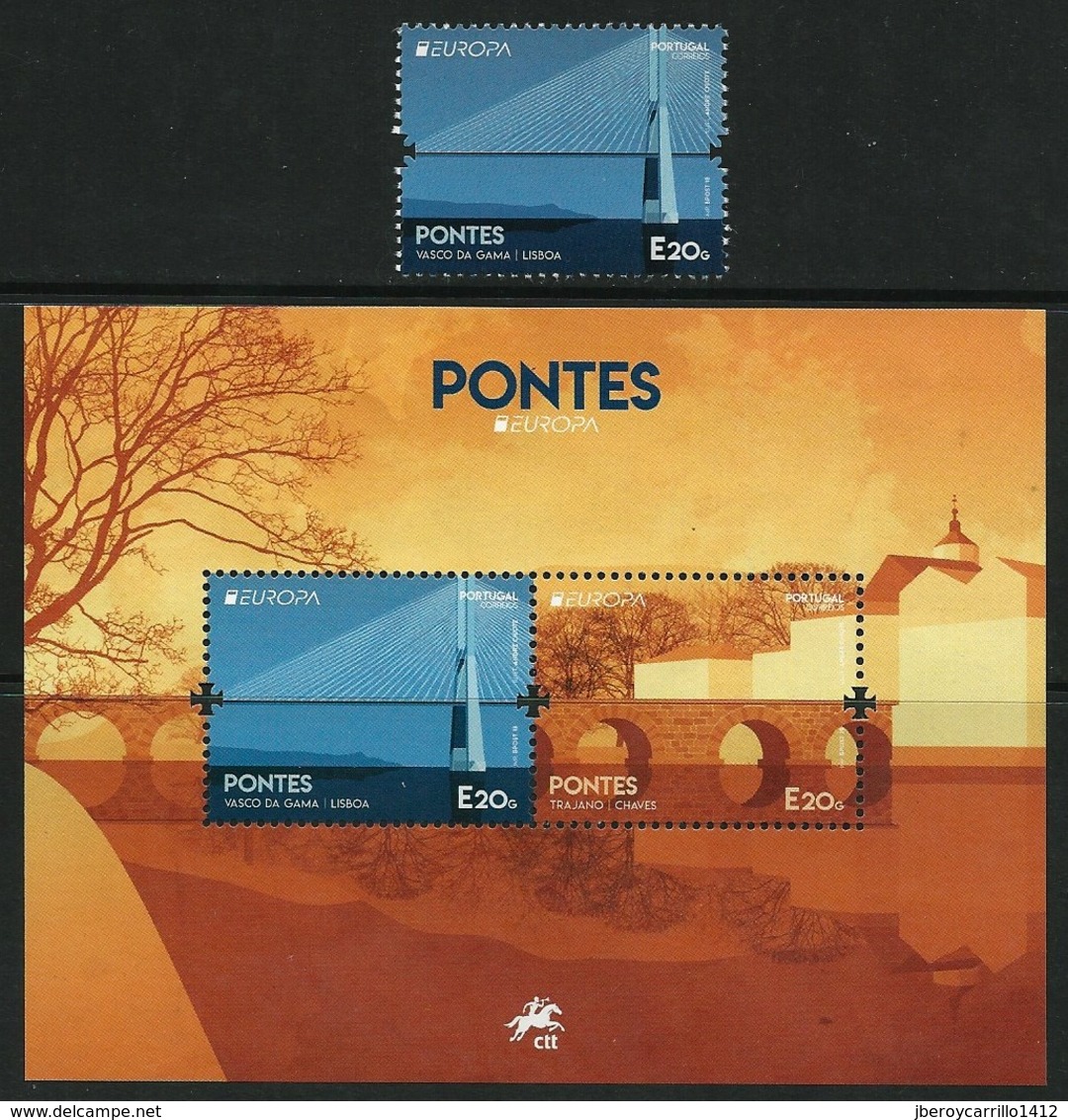 PORTUGAL  - EUROPA 2018 -"PUENTES.-BRIDGES -BRÜCKEN -PONTS"-  SERIE De 1 V. + HOJITA BLOQUE - 2018