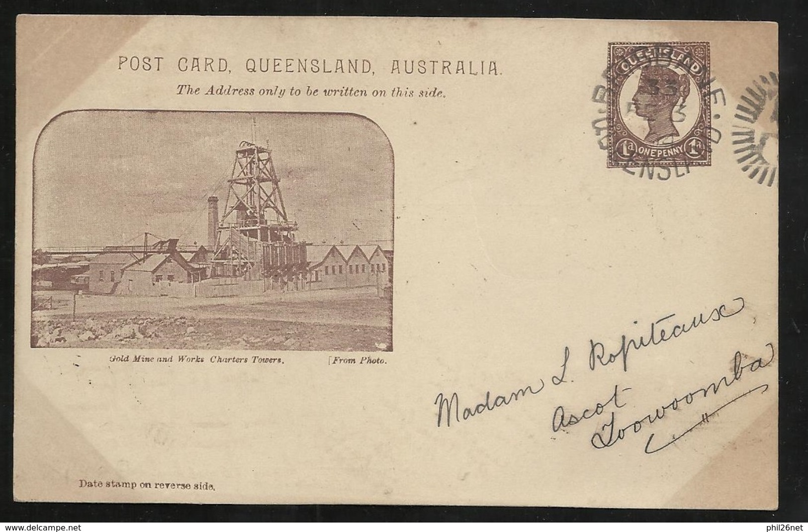 RRR  Queensland CP Entier Postal One Penny Victoria Repiqué Mine D'Or Brisbane Le 3/2/1904 Pour Toowoomba Le 4/2/04  TTB - Lettres & Documents