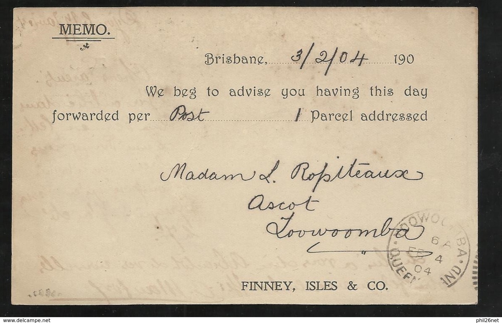 RRR  Queensland CP Entier Postal One Penny Victoria Repiqué Mine D'Or Brisbane Le 3/2/1904 Pour Toowoomba Le 4/2/04  TTB - Brieven En Documenten