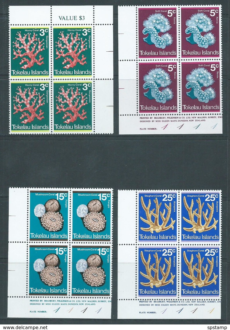 Tokelau 1973 Coral Set Of 4 In Blocks Of 4 , 3 With Imprint  MNH / MLH - Tokelau