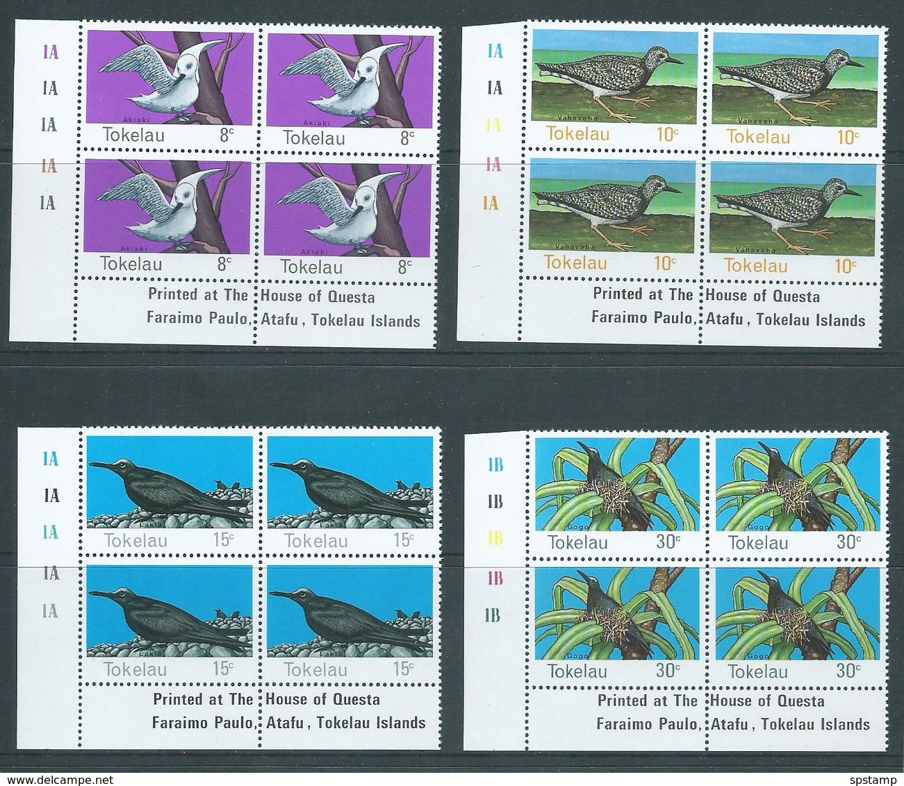 Tokelau 1977 Birds Set 4 In Imprint Blocks Of 4 MNH - Tokelau
