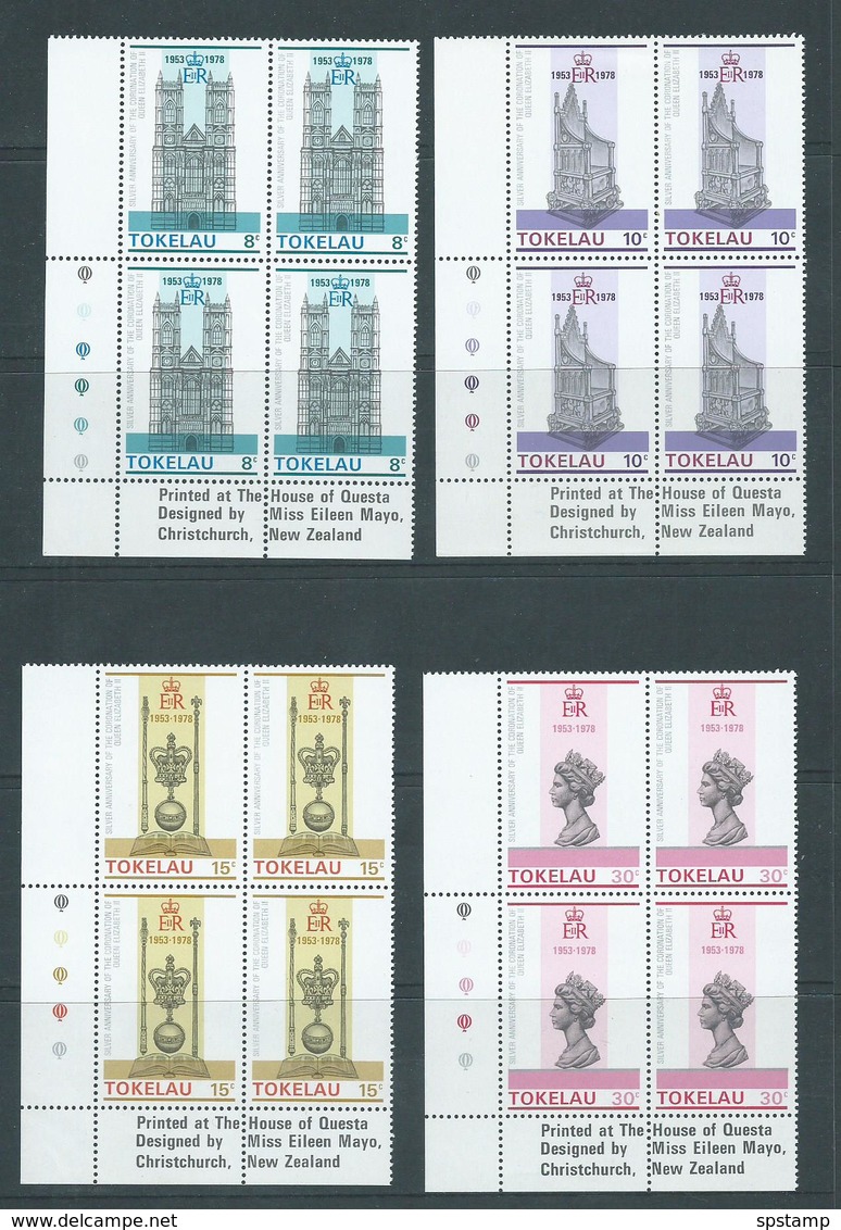 Tokelau 1978 QEII Coronation Anniversary Set 4 In Imprint Blocks Of 4 MNH - Tokelau