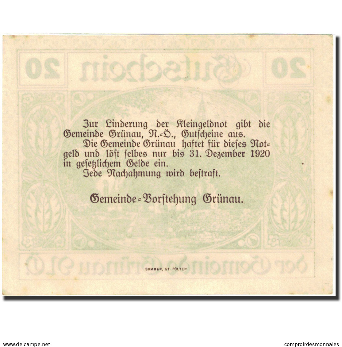 Billet, Autriche, Grünau, 20 Heller, Eglise, 1920, 1920-12-31, TTB+ - Austria