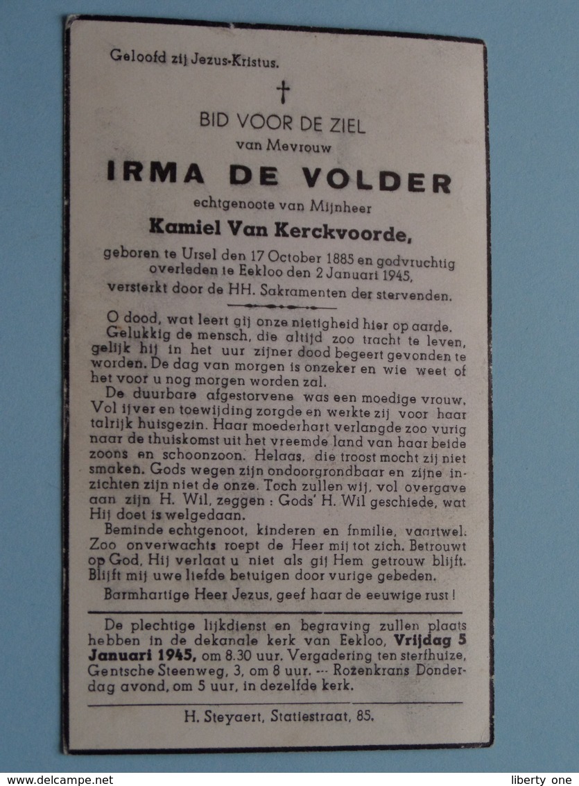 DP Irma DE VOLDER ( Kamiel Van Kerckvoorde ) Ursel 17 Oct 1885 - Eekloo 2 Jan 1945 ( Zie Foto's ) ! - Obituary Notices