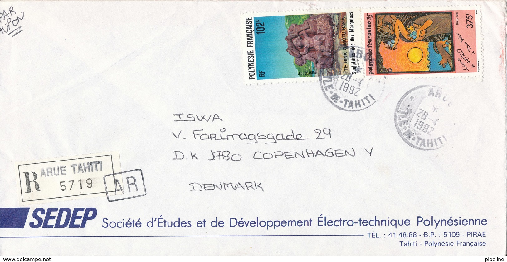 French Polynesia Registered Cover Sent Air Mail To Denmark 28-7-1992 Topic Stamps (the Cover Is A Little Damaged On The - Covers & Documents