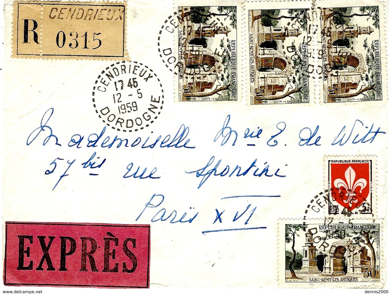 1959- Enveloppe EXPRES Oblit. Facteur-receveur De CENDRIEUX ( Dordogne ) Affr. à   205 F - 1921-1960: Période Moderne