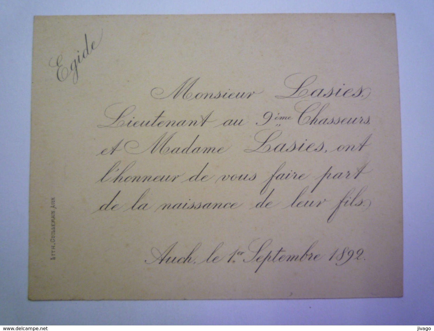 AUCH  1892  -  FAIRE-PART De Naissance De Egide  LASIES  (Père Lieutenant Au  9ème CHASSEURS)    - Naissance & Baptême