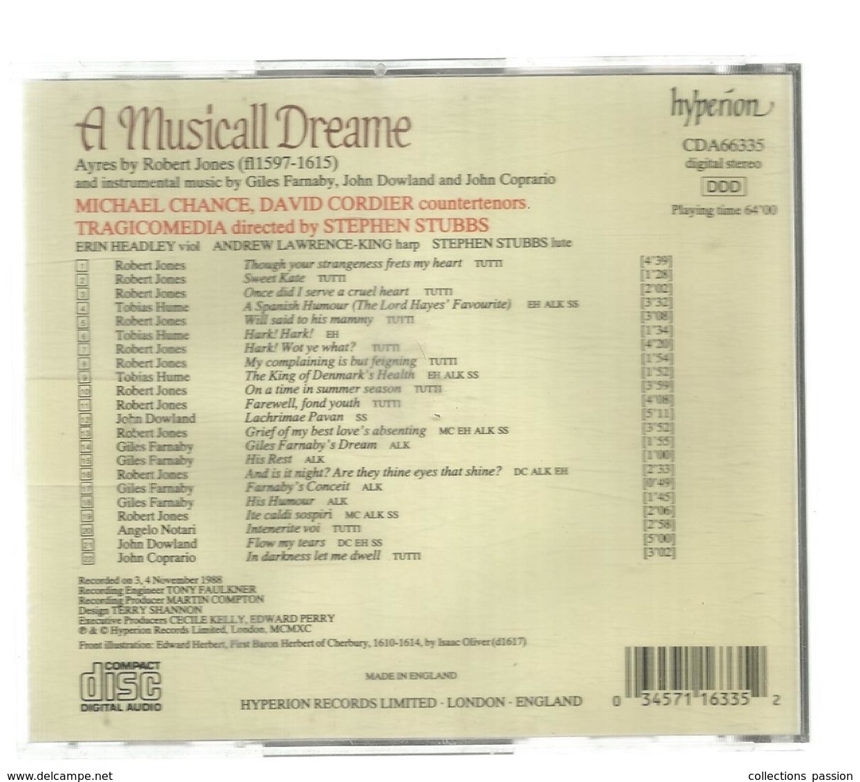 Cd , A MUSICALL DREAME ,Michael Chance ,David Cordier, Tragicomedia , Stephen Stubbs , 2 Scans ,  Frais Fr 3.60 E - Classica