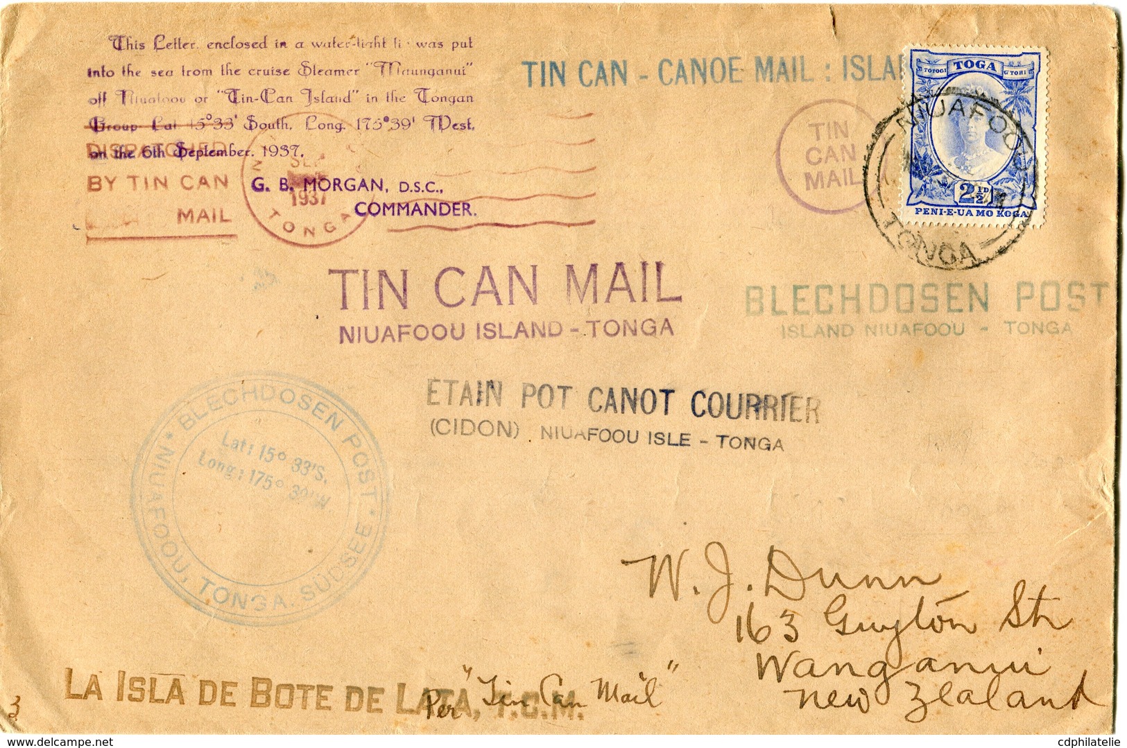 TONGA LETTRE AVEC CACHET "TIN CAN - CANOE MAIL : ISLAND" + CACHET "ETAIN POT CANOT COURRIER" DEPART NIUAFOOU ? SEP 1937 - Tonga (...-1970)