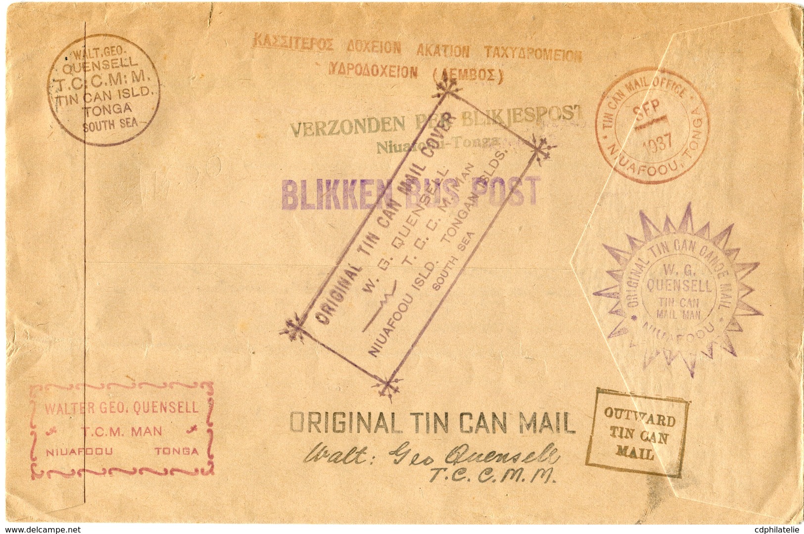 TONGA LETTRE AVEC CACHET "TIN CAN - CANOE MAIL : ISLAND" + CACHET "ETAIN POT CANOT COURRIER" DEPART NIUAFOOU ? SEP 1937 - Tonga (...-1970)