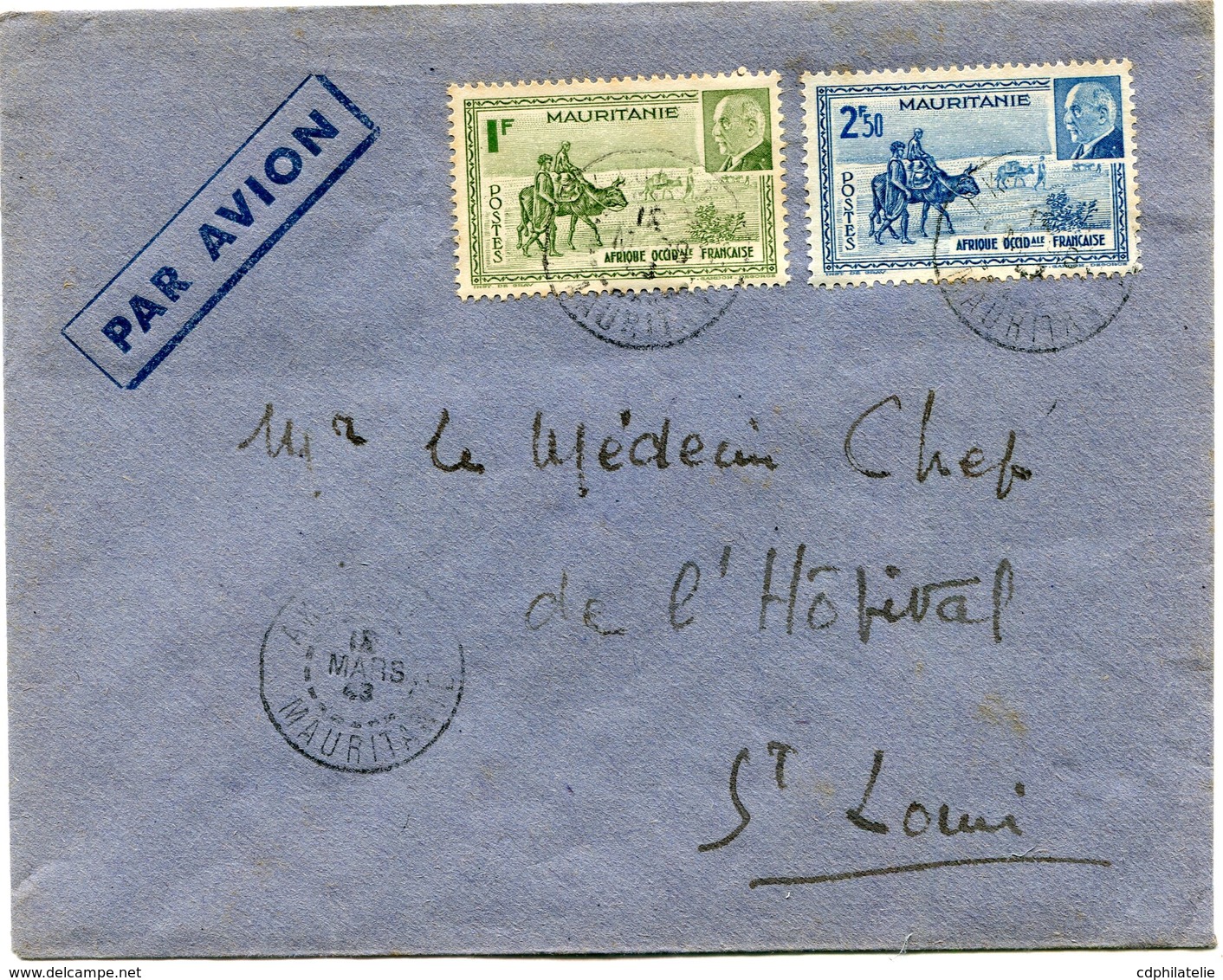 MAURITANIE LETTRE PAR AVION KAEDI 1? MARS 43 MAURITANIE POUR LE SENEGAL - Lettres & Documents