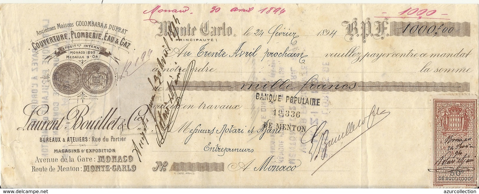 MONTE CARLO . TRAITE  L. BOUILLET. PLOMBERIE - Schecks  Und Reiseschecks