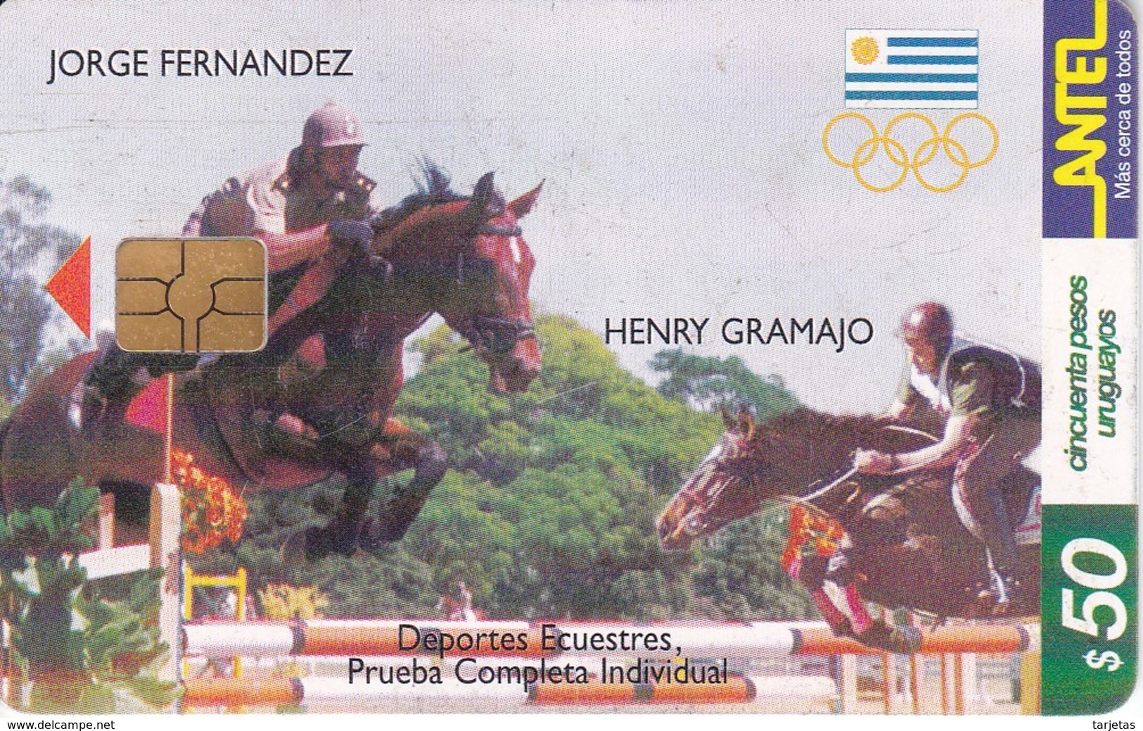 Nº 140 TARJETA  DE URUGUAY DE HIPICA DE 50$ CABALLO-HORSE  (CHIP G4 NEGRO) - Uruguay
