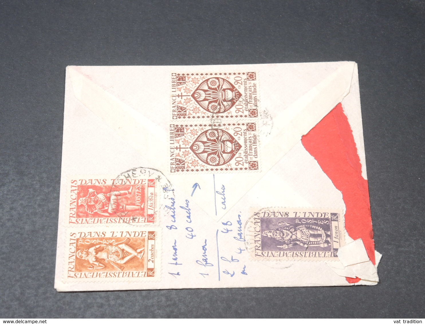 INDE - Enveloppe De Pondichéry Pour Marseille En 1951 , Affranchissement Plaisant  Au Verso - L 19550 - Covers & Documents