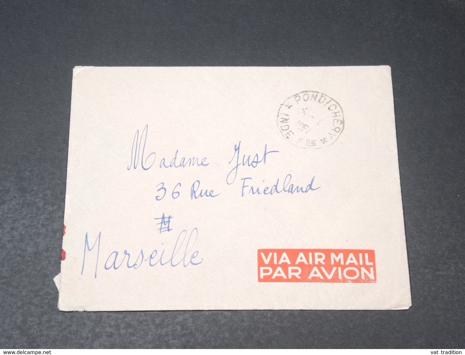 INDE - Enveloppe De Pondichéry Pour Marseille En 1951 , Affranchissement Plaisant  Au Verso - L 19550 - Briefe U. Dokumente