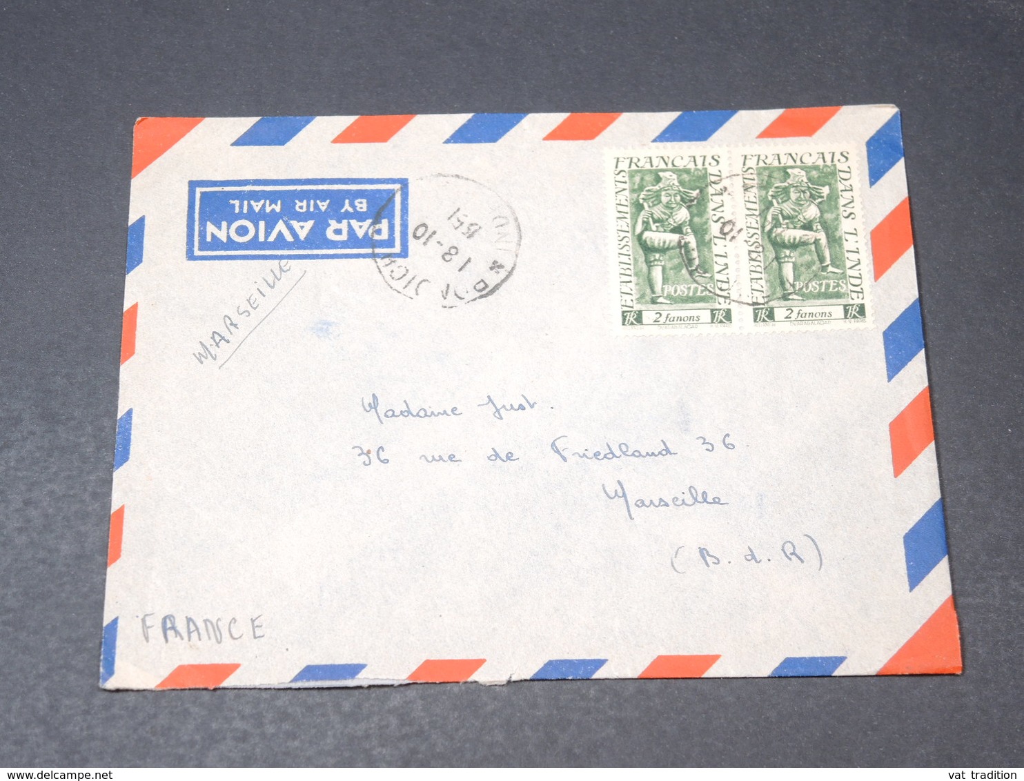 INDE - Enveloppe De Pondichéry Pour Marseille En 1951 , Affranchissement Plaisant - L 19551 - Storia Postale