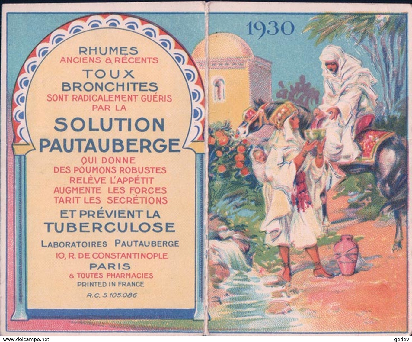 Publicité Laboratoires PAUTAUBERGE Paris, Kolarsinecontre Les Refroidissements, Calendrier Année 1930 (format 10x12) - Publicités
