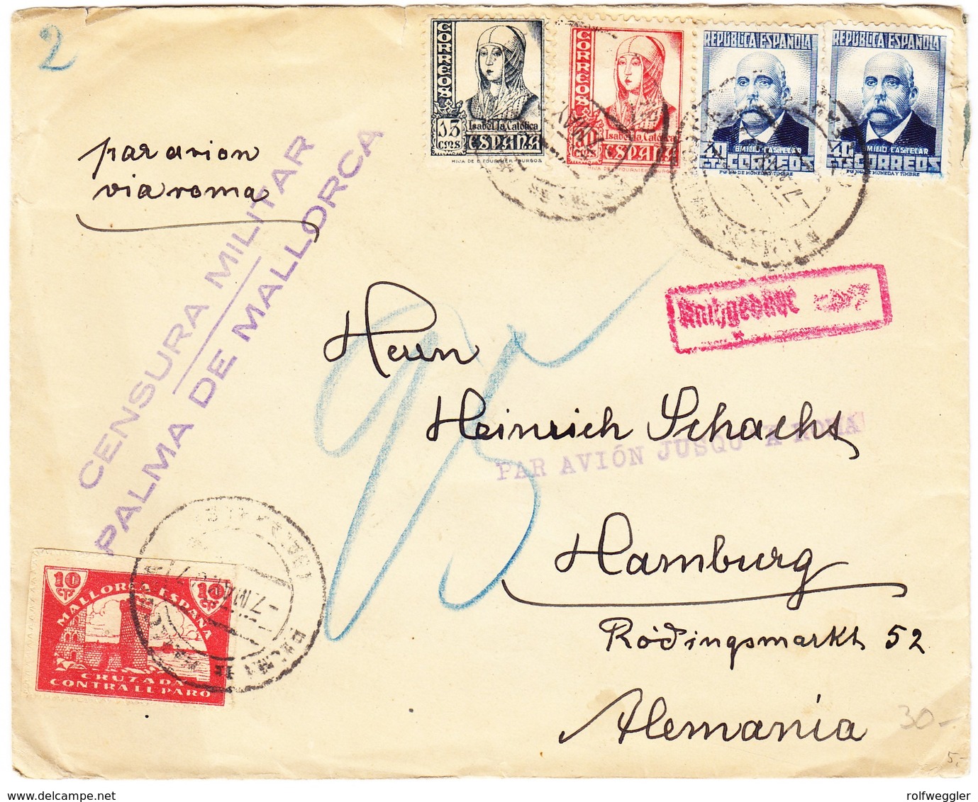 1937 Flugbrief Aus Palma De Mallorca Nach Hamburg, Zensurstempel Und Nachgebührstempel Deutschland - Lettres & Documents