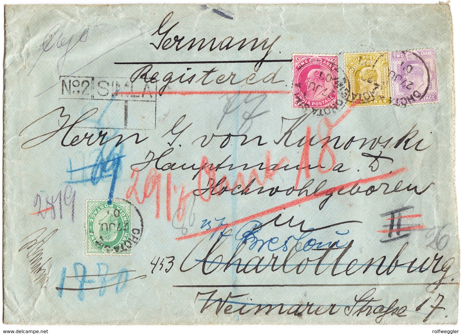 1902 R-Brief Aus Simla Nach Charlottenburg, Vierfarben Frankatur, - 1902-11 King Edward VII