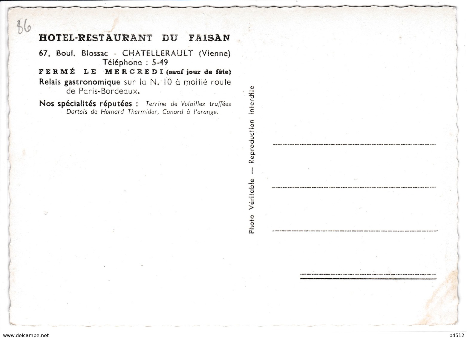 86 CHATELLERAULT Hôtel Restaurant Du Faisan , Intérieur Salle - Chatellerault