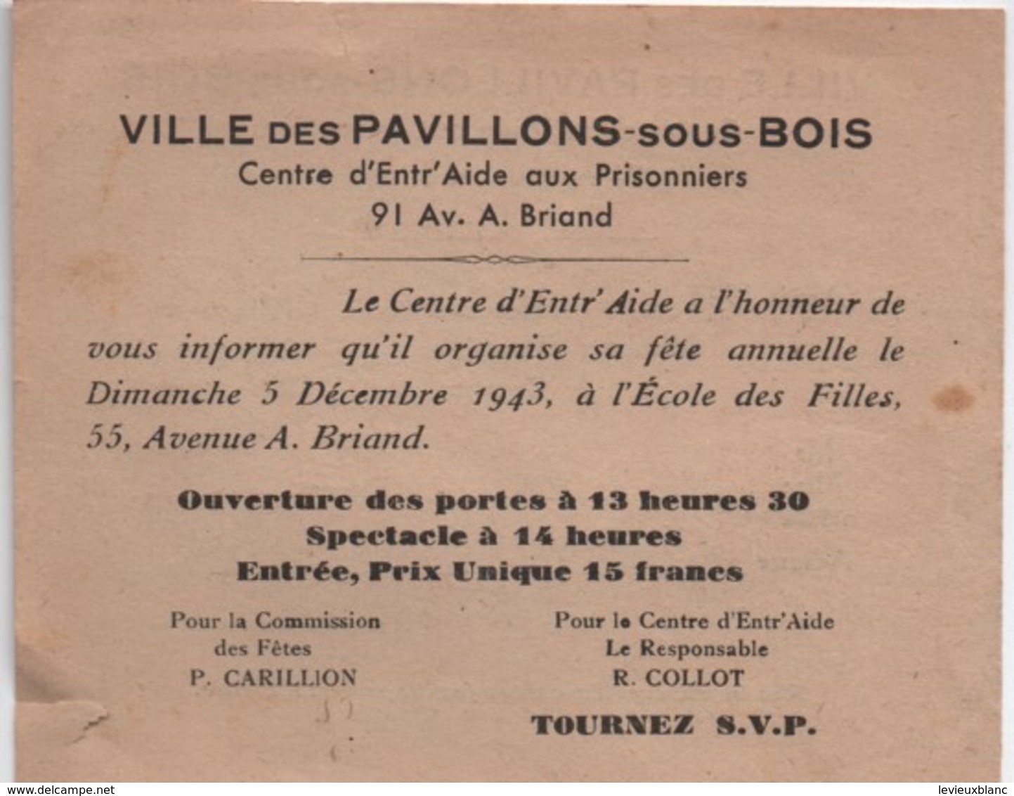 Occupation/ Centre D'entraide Aux Prisonniers/ Ville Des PAVILLONS -sous-BOIS/Spectacle/Ecole DesFilles/ 1943   OL103 - 1939-45