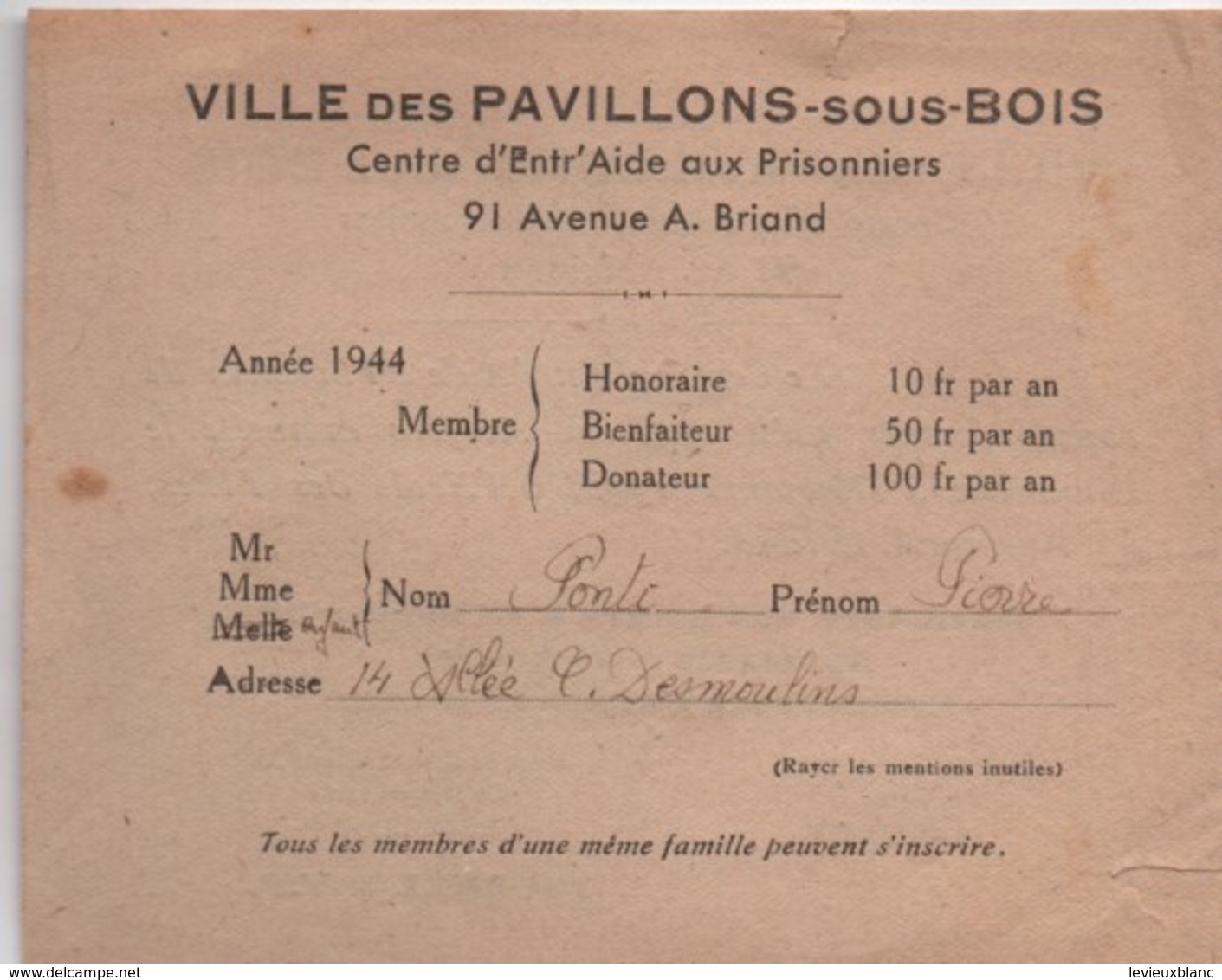 Occupation/ Centre D'entraide Aux Prisonniers/ Ville Des PAVILLONS -sous-BOIS/Spectacle/Ecole DesFilles/ 1943   OL103 - 1939-45