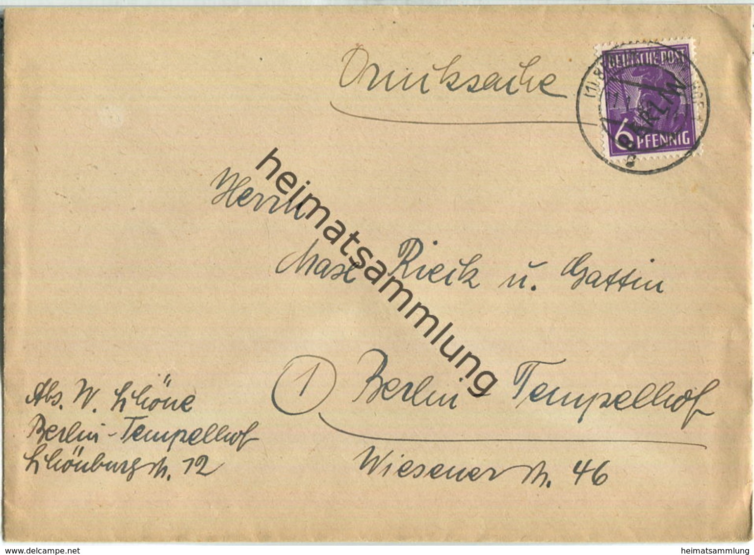 Brief Berlin - 6 Pf. Schwarzaufdruck - Drucksache - Ortsbrief - Briefe U. Dokumente