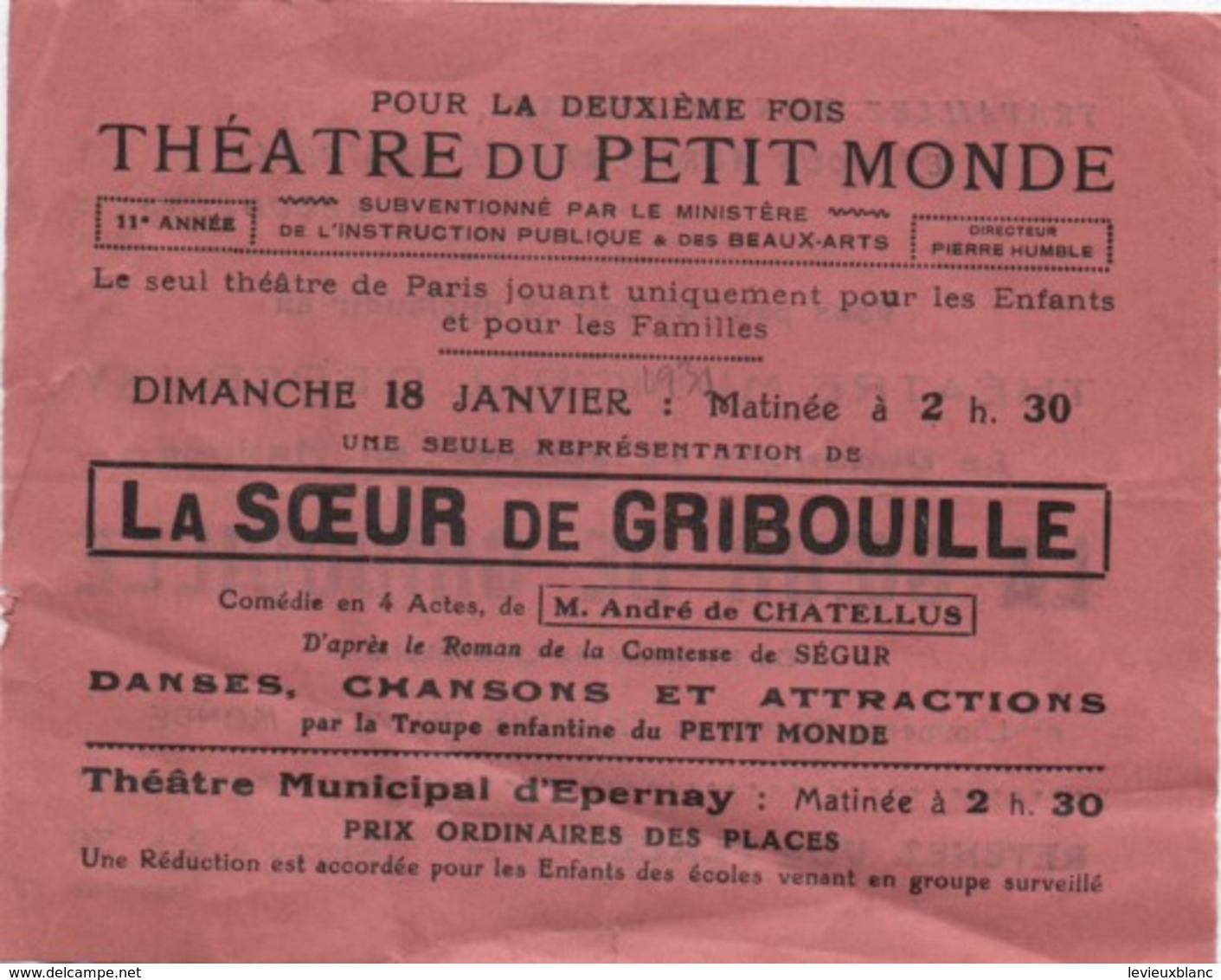 Papillon Publicitaire/ Théatre Du Petit Monde/ La Soeur De Gribouille/Théatre Municipal D'Epernay/HUMBLE/1930    PROG171 - Publicidad