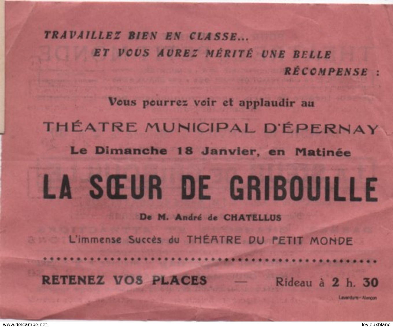 Papillon Publicitaire/ Théatre Du Petit Monde/ La Soeur De Gribouille/Théatre Municipal D'Epernay/HUMBLE/1930    PROG171 - Pubblicitari