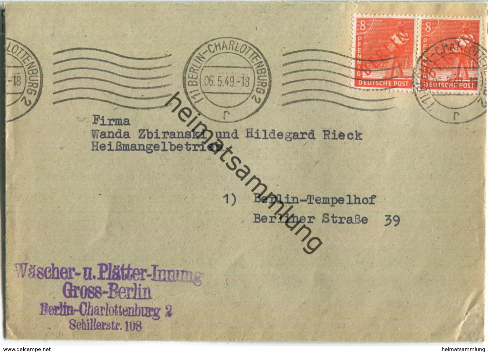 Brief Berlin - Zweimal 8 Pf. Rotaufdruck - Ortsbrief 1949 - Briefe U. Dokumente