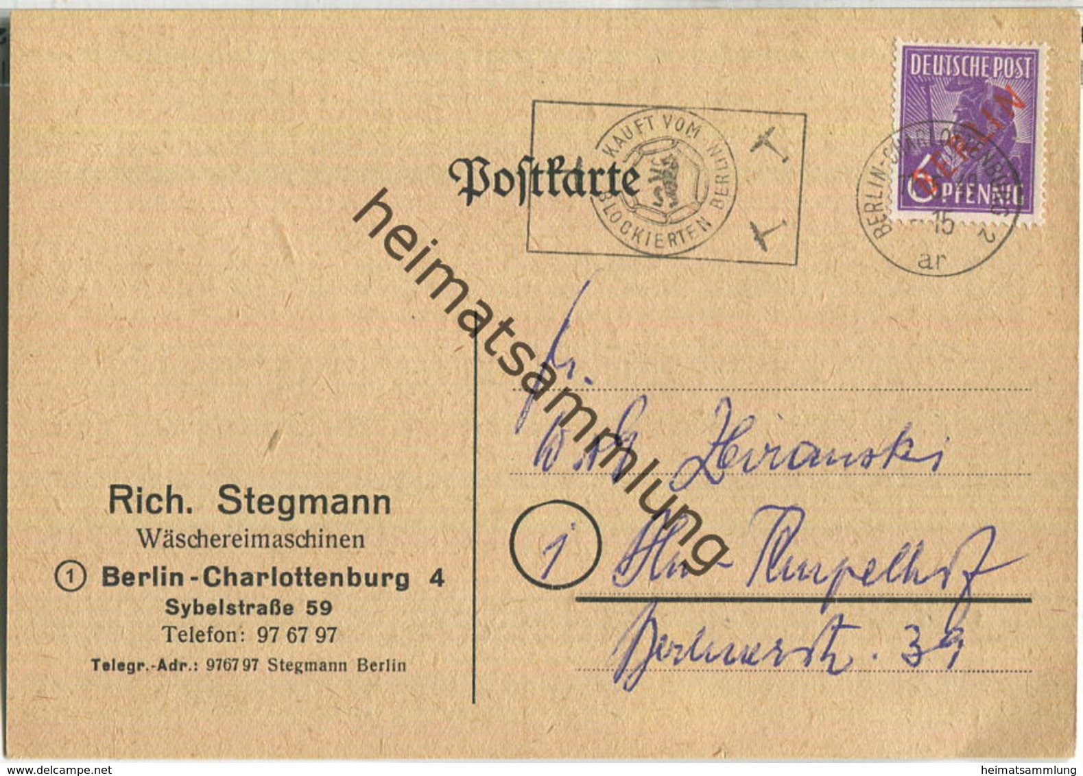 Brief Berlin - 6 Pf. Rotaufdruck - Stempel 'Kauft Vom Blockierten Berlin' - Werbekarte - Ortskarte 1949 - Briefe U. Dokumente