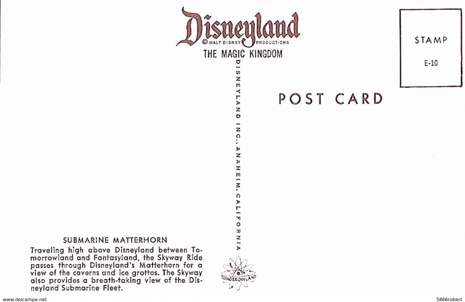 CARTE POSTALE ORIGINALE DE 9CM/14CM : DYSNEYLAND THE MAGIC KINGDOM SUBMARINE MATTERHORN ANAHEIM CALIFORNIA USA - Disneyland