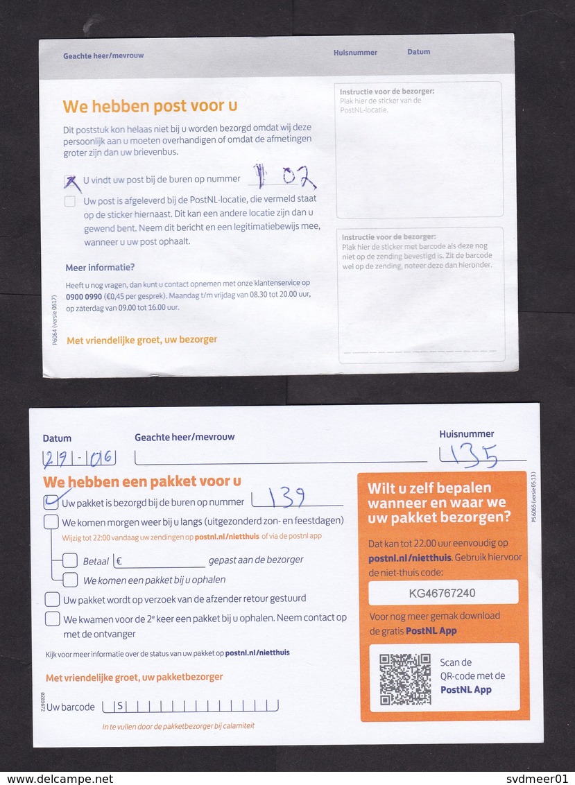 Netherlands: 2x Postal Form 'Not At Home - Your Parcel Was Delivered At Your Neighbours', 2018 (minor Crease) - Brieven En Documenten