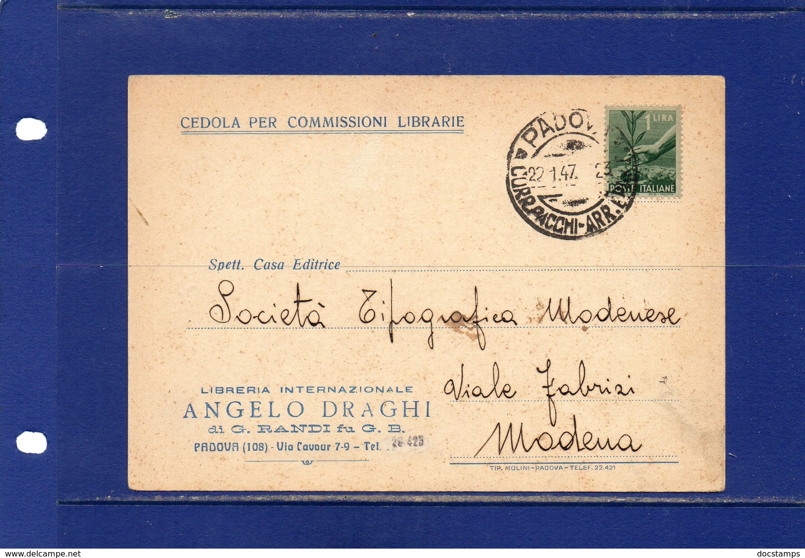 ##(DAN186/1)-22/1/1947-cedola Commissione Libraria Da Padova Per Modena Affrancata Con Il Valore Isolato L.1 Democratica - 1946-60: Marcophilia