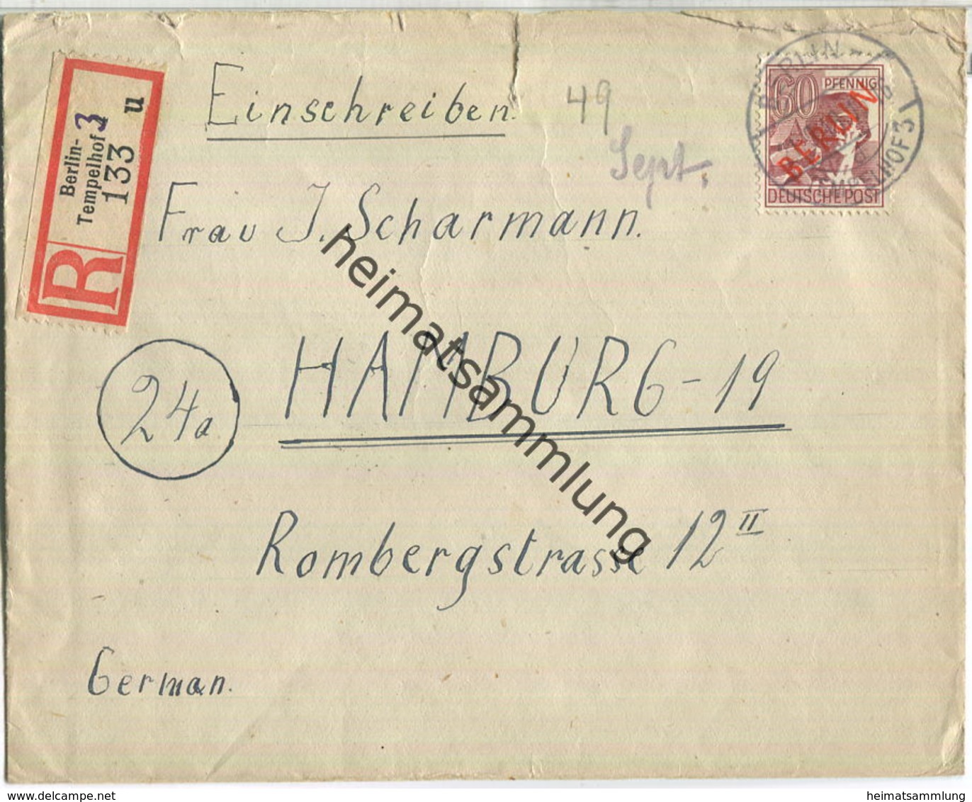 Brief Berlin - R-Brief 60 Pf. Rotaufdruck (neues Porto) - Fernbrief Nach Hamburg 1949 - Briefe U. Dokumente