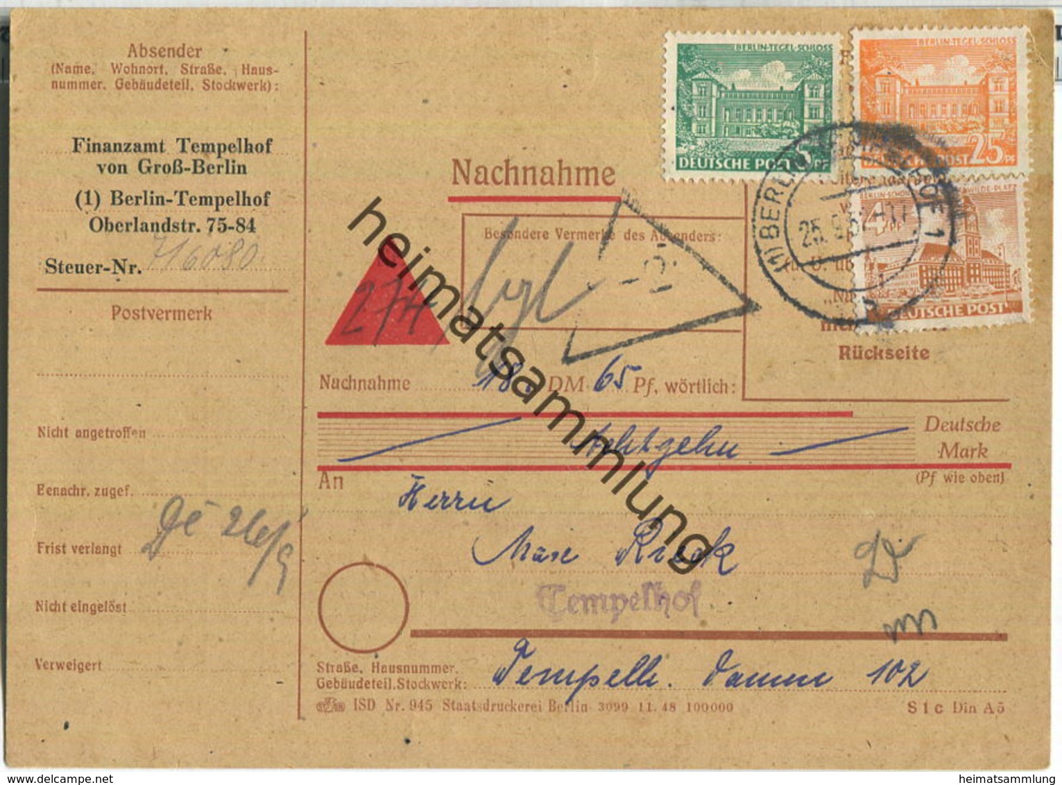 Brief Berlin - Nachnahme 34 Pf. Bauten (Hundesteuer) - Ortskarte 1952 - Briefe U. Dokumente