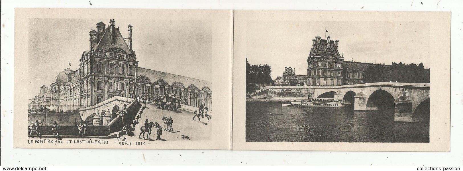 Double Cp , 75 , Paris ,le Pont Royal Et Le Nouveau Louvre , Ancien Paris , Les Tuileries Vers 1810, 2 Scans - Autres & Non Classés
