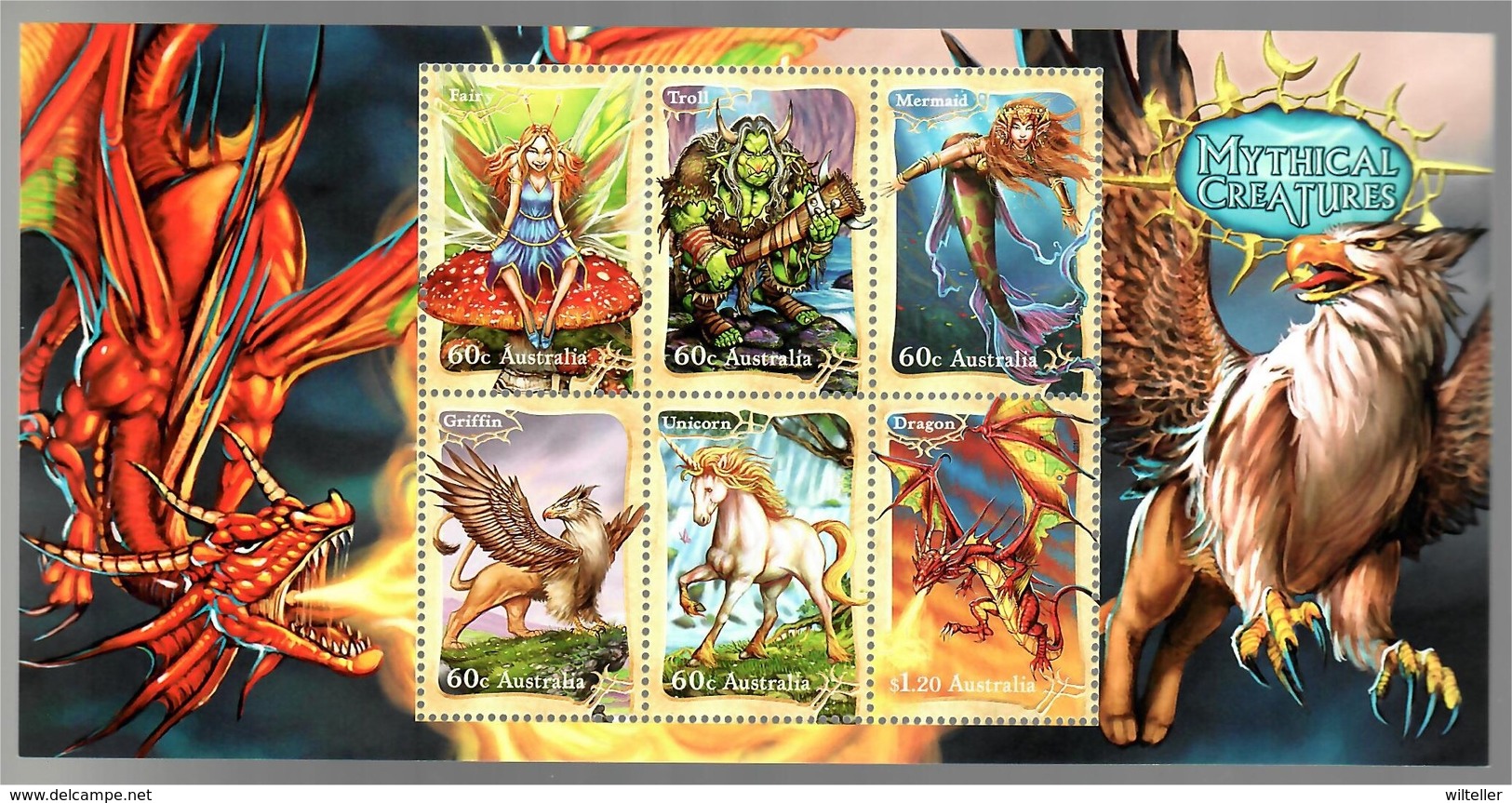 Australia 2011 Mythical Creatures (fairy Troll Mermaid Griffin Unicorn Dragon) - Sheets, Plate Blocks &  Multiples