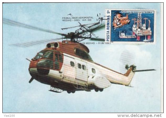 HELICOPTER, IAR-330, MEDIAS-SIBIU POSTAL FLIGHT, CM, MAXICARD, CARTES MAXIMUM, 1989, ROMANIA - Helicopters