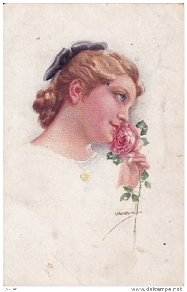 CPA SIGNED ILLUSTRATION, USABAL- WOMAN WITH ROSE, CENSORED WW1 - Usabal