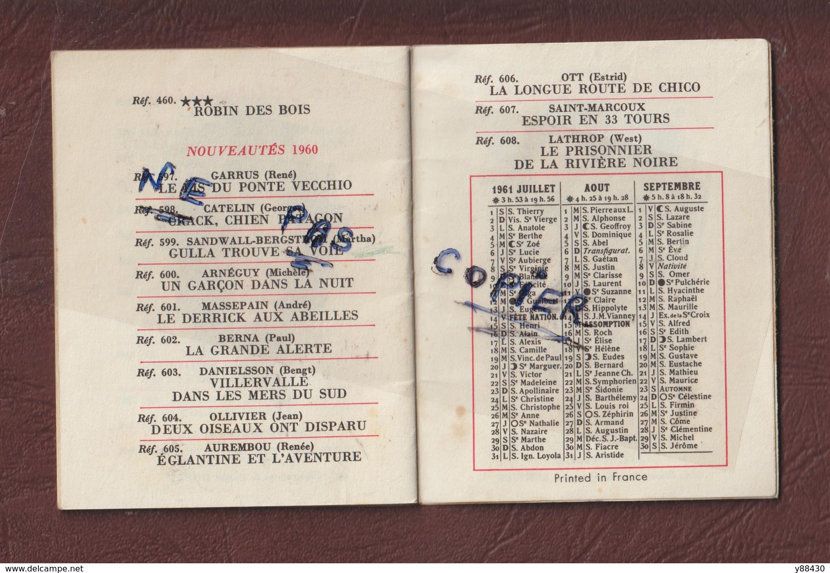 CALENDRIER de poche -- année 1961 - Bibliothèque ROUGE ET OR - Série Dauphine & série Souveraine -- 15 scannes.