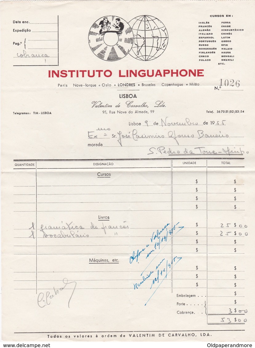 PORTUGAL COMMERCIAL INVOICE - LISBOA - INSTITUTO LINGUAPHONE - VALENTIM DE CARVALHO - 1955 - Portugal