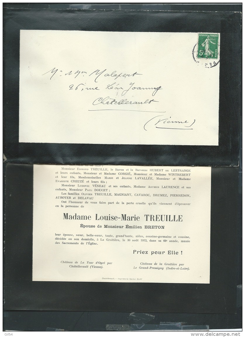 Chatellerault   - Faire Part Décés De  MME Louise Marie Treuille Le 30/08/1912 Epouse De M émilien Breton Aoa14503 - Obituary Notices