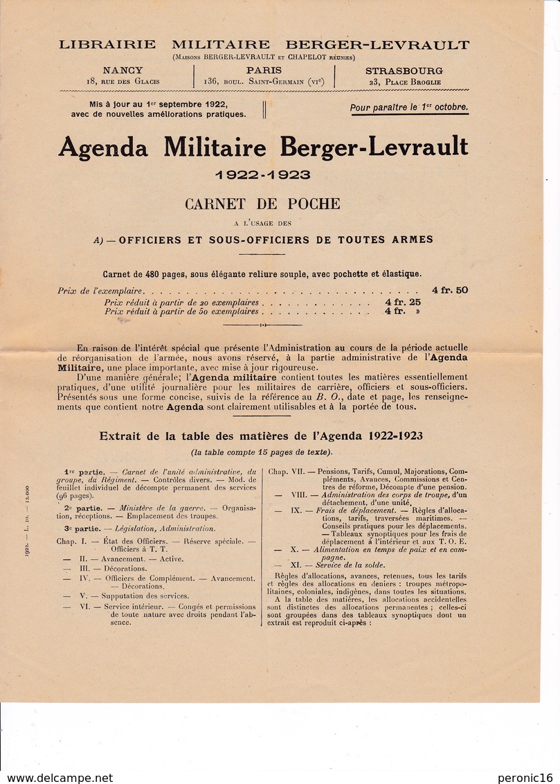 Document D'informations 4 Pages Agenda Militaire Berger-Levrault 1922-1923 - French