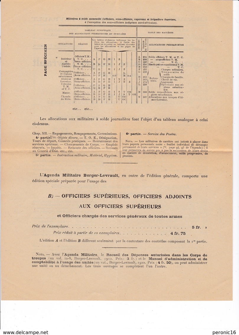 Document D'informations 4 Pages Agenda Militaire Berger-Levrault 1922-1923 - French